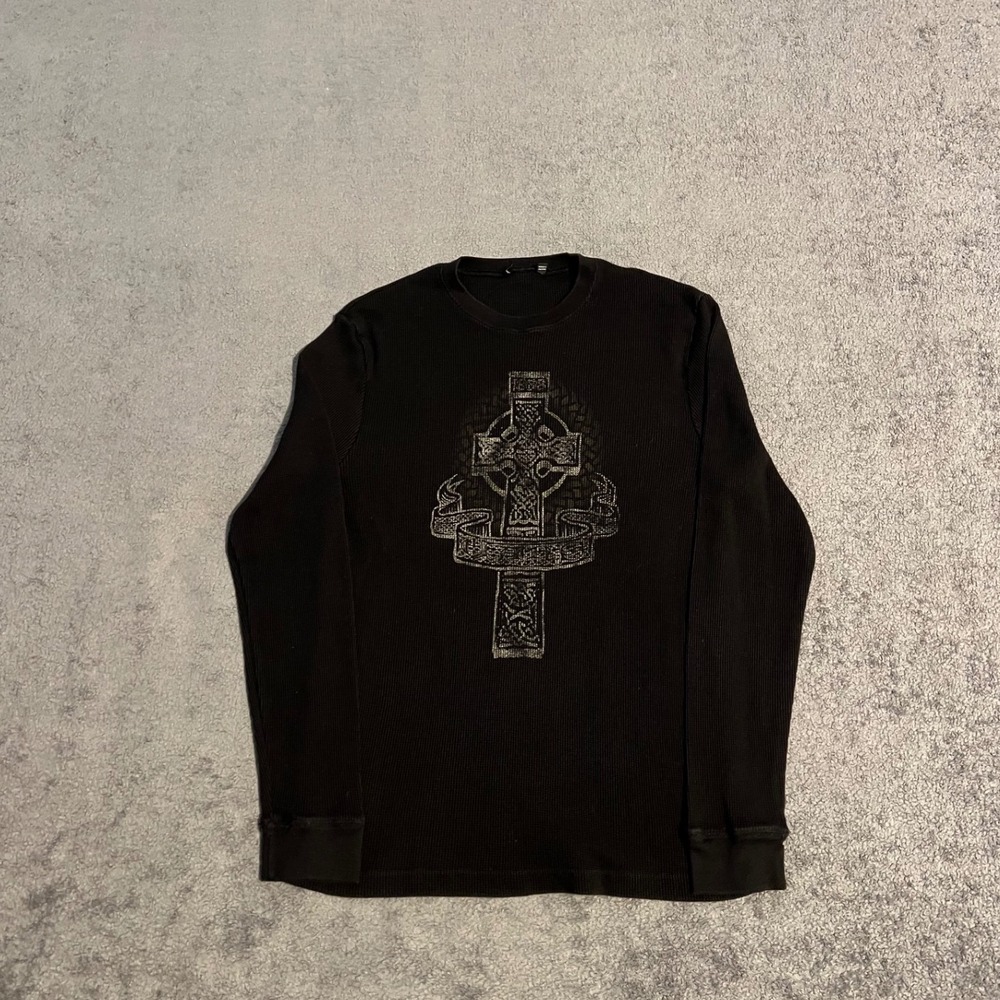 Vintage Y2K Vans Black Waffle Knit Thermal Long Sleeve Celtic Cross Graphic L